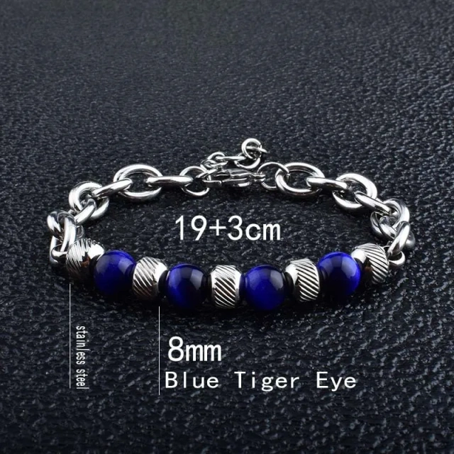 Trendy New Adjustable Silver Plated Stainless Steel Tiger Eye Stone Men's Fashion Beaded Bracelet