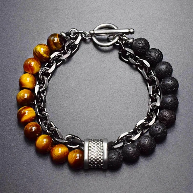 In Stock Stainless Steel Adjustable 8mm Tiger Eye Stone Spacer Bracelet 21CM Men's Beaded Bracelet Wholesale