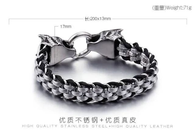 Stainless Steel Leather Animal Wolf Bracelet Silver Bracelet for Men