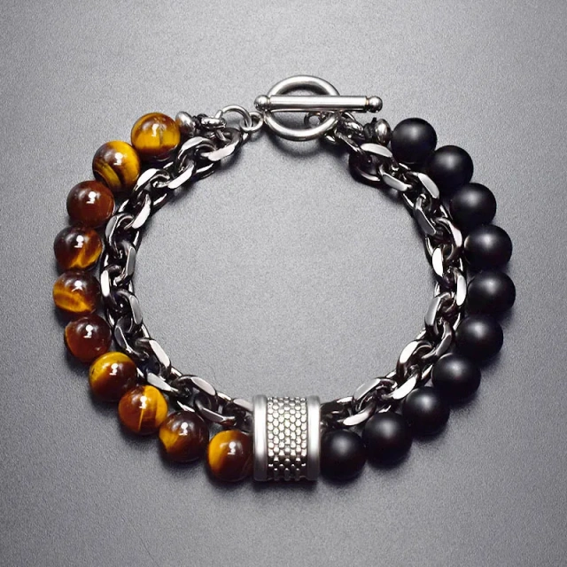 In Stock Stainless Steel Adjustable 8mm Tiger Eye Stone Spacer Bracelet 21CM Men's Beaded Bracelet Wholesale