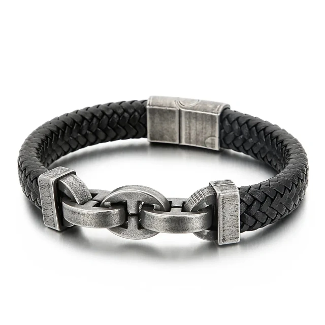 In Stock Fashion Simple Cowhide Rope Splice Stainless Steel Men's Bracelet