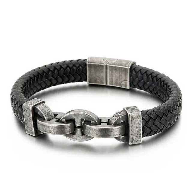In Stock Fashion Simple Cowhide Rope Splice Stainless Steel Men's Bracelet