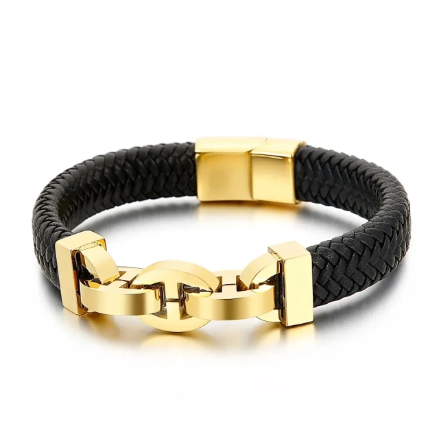 In Stock Fashion Simple Cowhide Rope Splice Stainless Steel Men's Bracelet