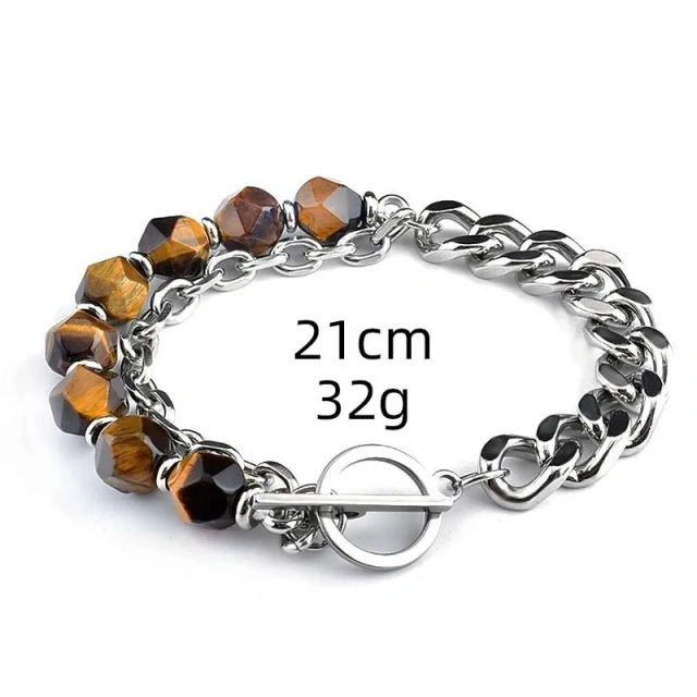 Wholesale New Men's Jewelry Tiger Eye Stone Silver Plated Stainless Steel Fashion Chain Bracelet