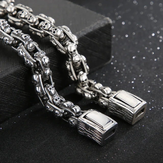 In Stock 230mm Men Stainless Steel Rectangular Links Bracelet With Punk Skull Charms