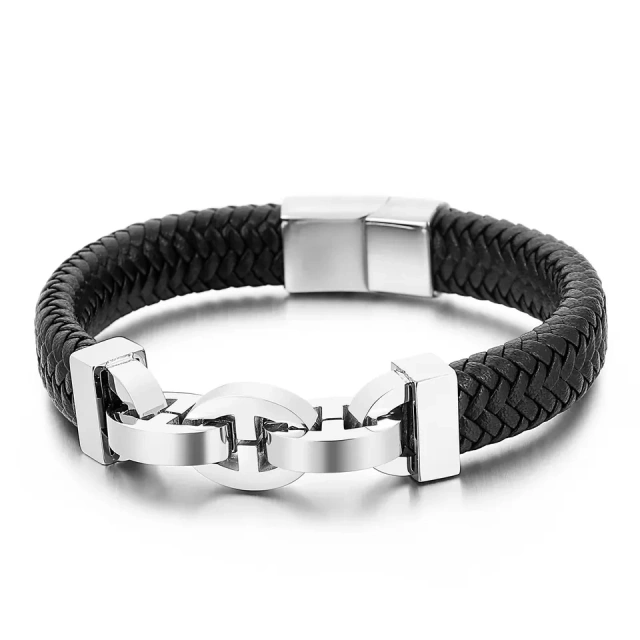 In Stock Fashion Simple Cowhide Rope Splice Stainless Steel Men's Bracelet