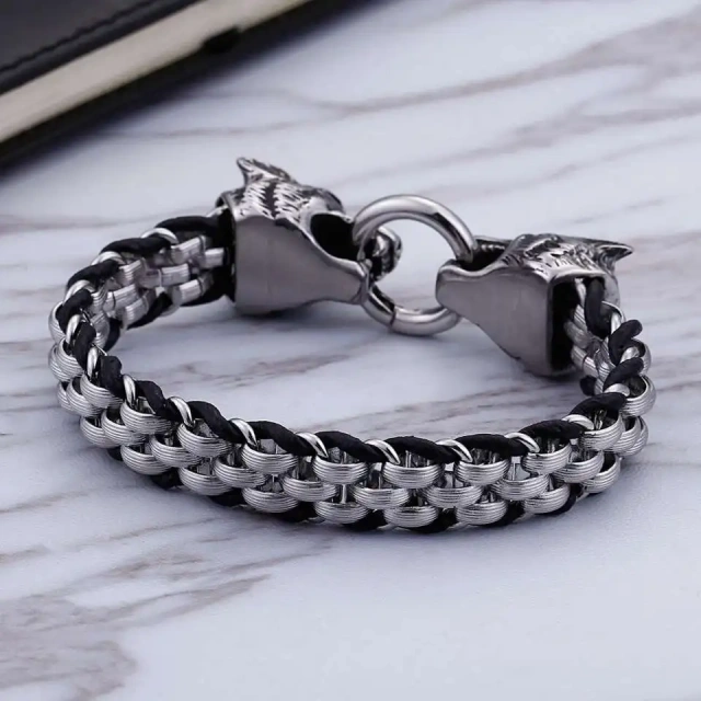 Stainless Steel Leather Animal Wolf Bracelet Silver Bracelet for Men