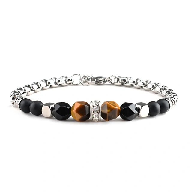 Adjustable Chain Bracelet Stainless Steel Diamond Bead Men's Faceted Tiger Eye Stone Bracelet 21CM Steel Bracelets for Men