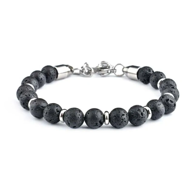 Wholesale Trend Men's Silver Plated Stainless Steel Lucky Cross Black Agate Fashion Beaded Bracelet