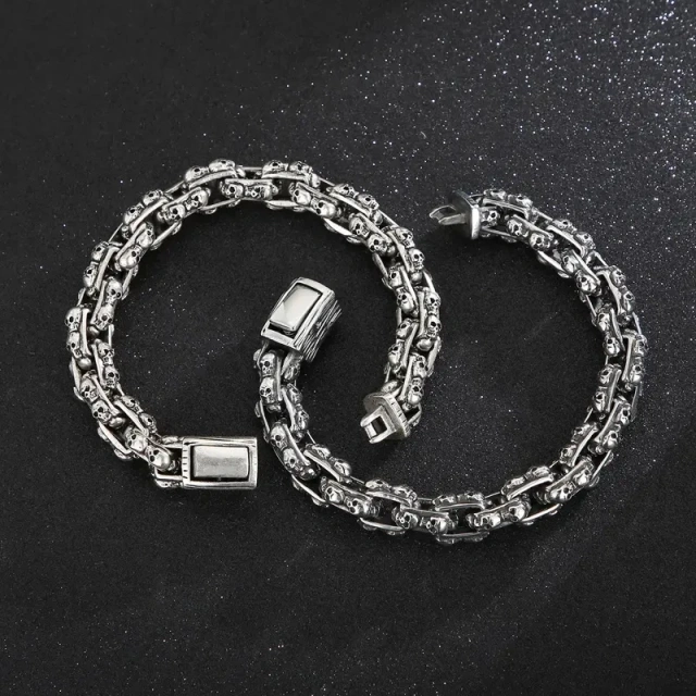 In Stock 230mm Men Stainless Steel Rectangular Links Bracelet With Punk Skull Charms