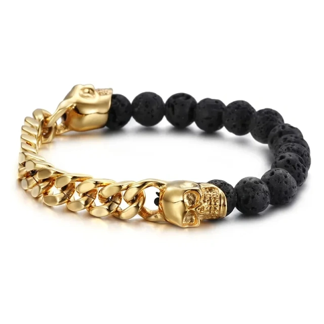 Wholesale 8mm Tiger Eye Beads Volcanic Lava Rock Skull Beads Men Bracelet With Stainless Steel Chain Bracelet