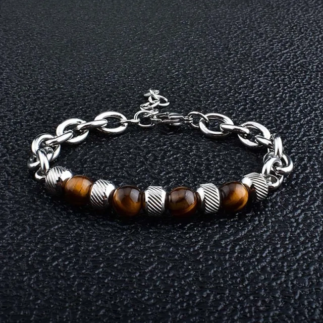 Trendy New Adjustable Silver Plated Stainless Steel Tiger Eye Stone Men's Fashion Beaded Bracelet