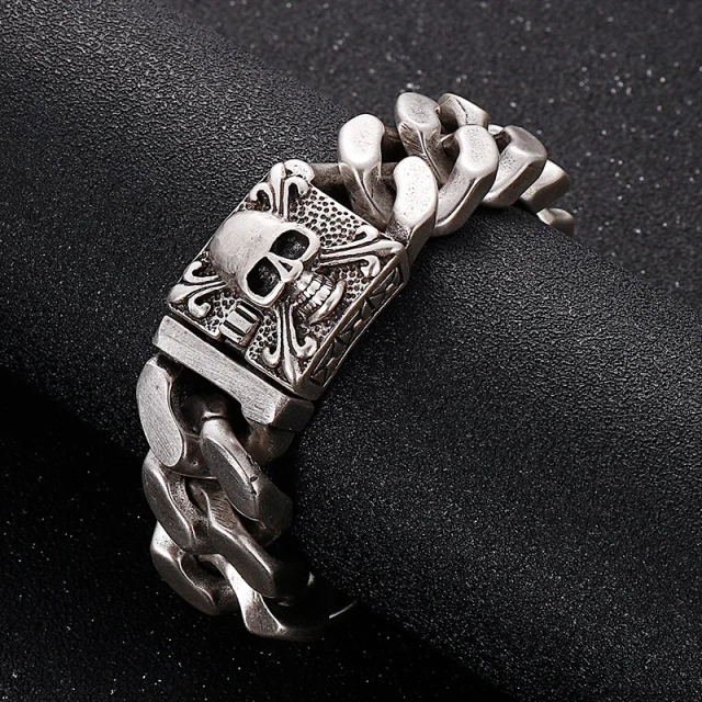 220mm Men Punk Stainless Steel Skull Pattern Clasp&links Bracelet