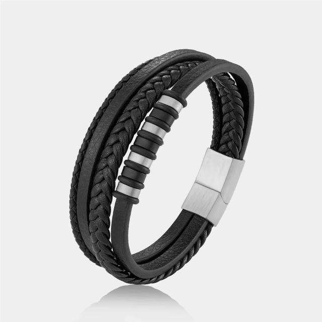 2023 Fashion Gifts Braided Design Classic Stainless Steel Buckle Christian Cross Black Men's Leather Bracelet for 19 21 23 Cm