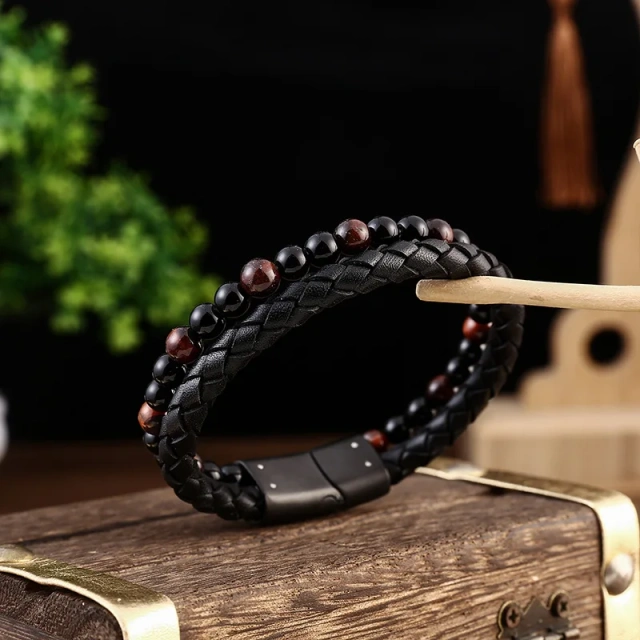 Popular Design Unisex Black Mens Leather Bracelet Bead Braided Bracelet Stainless Steel Jewelry Bracelets