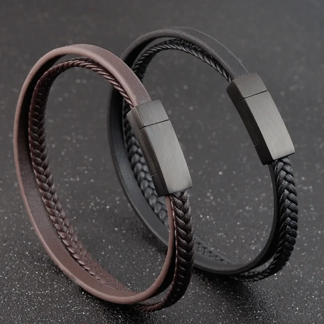 High Quality Wholesale Custom Fashion Braided Wristband Bangle Leather Stainless Steel Bracelet for Men Bracelet