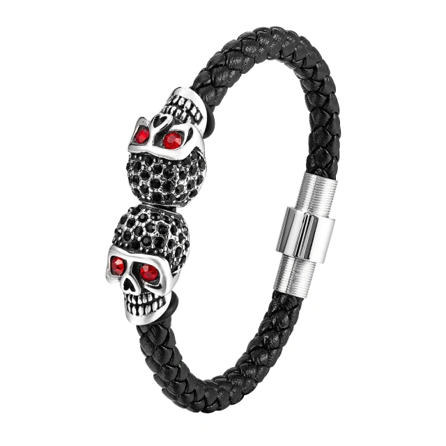Personalized Stainless Steel 21CM Leather Braided Bracelet Black Skull Wrap Bracelet Skull Bracelets for Men