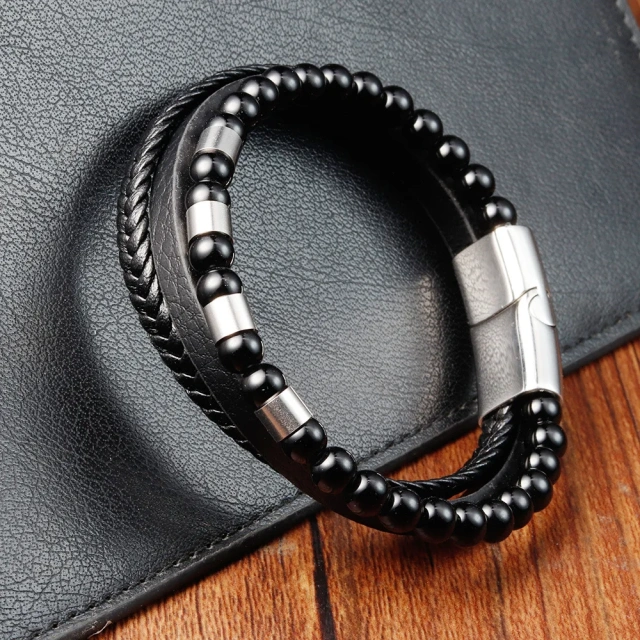 Custom Handmade Adjustable Stainless Steel Leather Bracelet for Men Latest Design Bead Bracelet Black Onyx Fashionable Bangles
