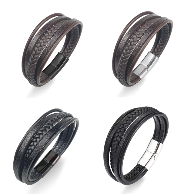 Wholesale Men's Trendy Multi-Layer Stainless Steel Woven Bracelet with Leather Wristband and Rope Detail Charm Bracelets