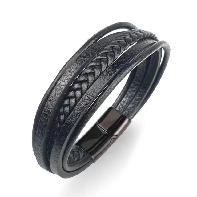 Wholesale Men's Trendy Multi-Layer Stainless Steel Woven Bracelet with Leather Wristband and Rope Detail Charm Bracelets