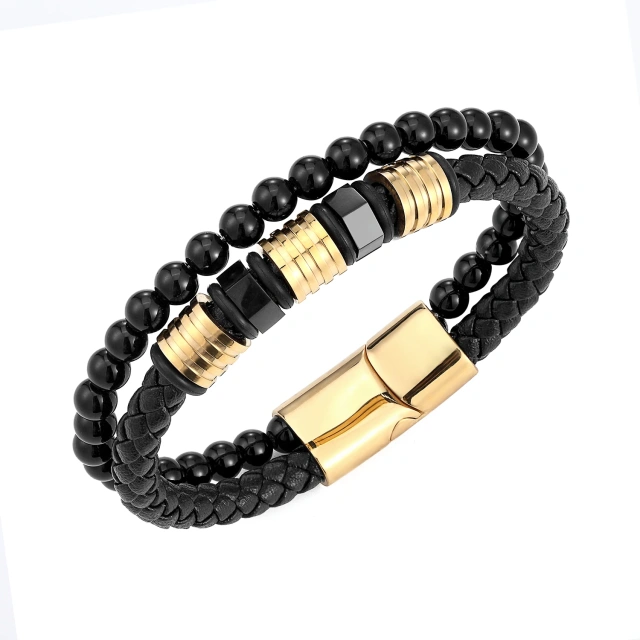 2023 Ouyuan Fashion Jewelry Stainless Steel Jewelry Custom Multi Layers Black Bracelet for Men Braided Leather Bracelet