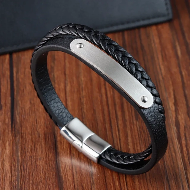 Stock Mens Leather Bracelet With Magnetic Clasp Multi-layer Braided Leather Mens Bracelet for Men