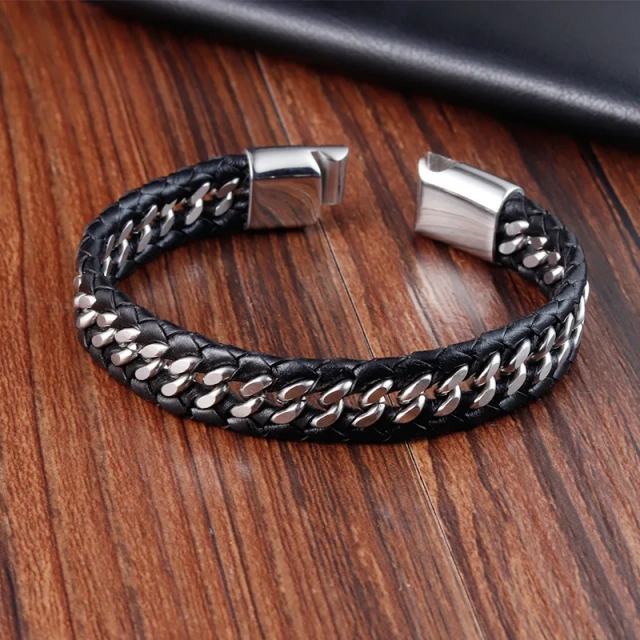 Wholesale Fashion Men Stainless Steel Clasp Black Leather Bracelets for Leather Men Bracelet