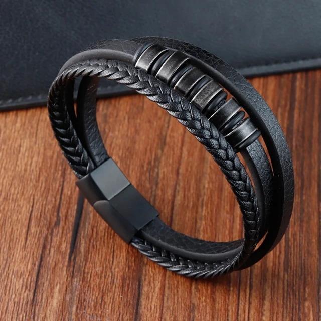 Classic Black Bracelet Wristband Magnetic Clasp Multi Layer Braid Leather Bracelet for Men Gift