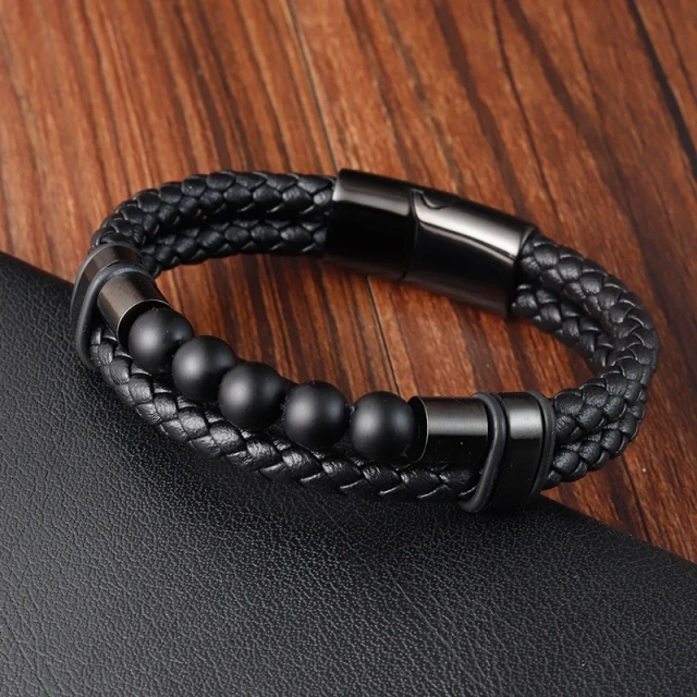 Fashion Jewelry Personalized Men Bracelet Homme Volcanic Rock Black Stainless Steel Leather Bracelet for Men Magnetic Clasp C