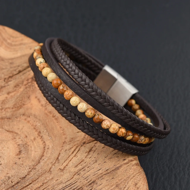 Fashion Jewelry Custom Natural Stone Silver Black Men Leather Bracelet Stainless Steel Men Bracelet