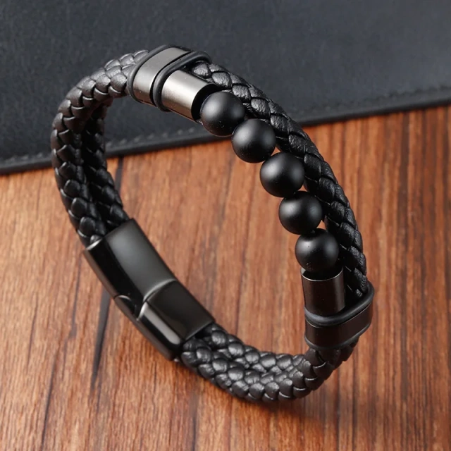 Fashion Jewelry Personalized Men Bracelet Homme Volcanic Rock Black Stainless Steel Leather Bracelet for Men Magnetic Clasp C