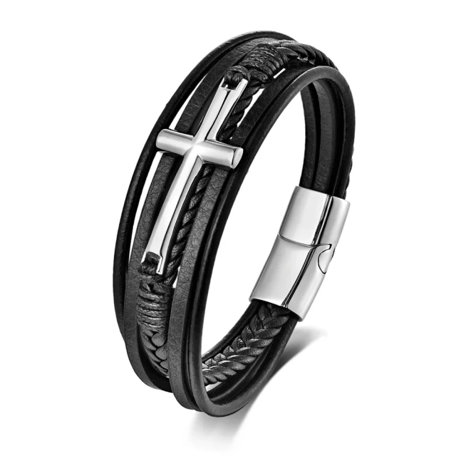 China Wholesale Price Personality Men's Multi-Layer Hand-Woven Leather Stainless Steel Bracelet for Men Leather Fashion Bangles