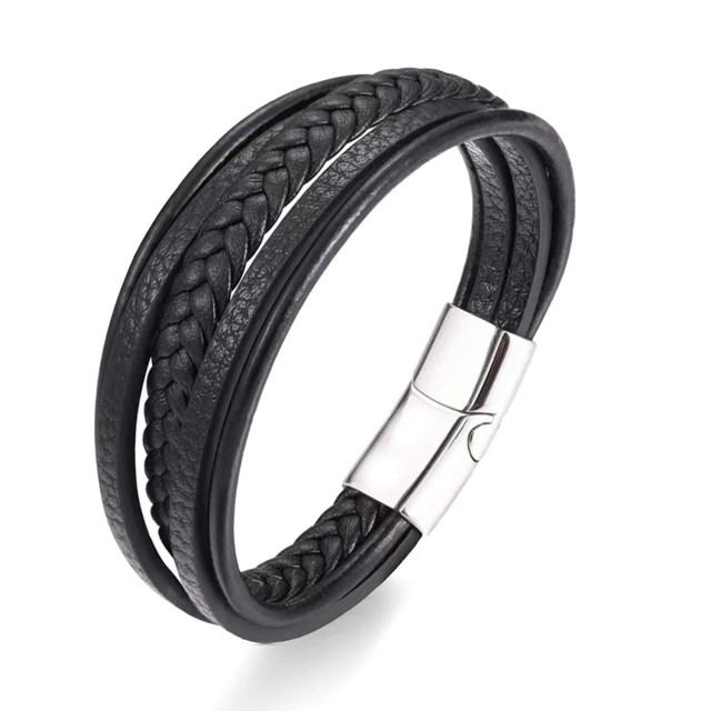Wholesale Men's Trendy Multi-Layer Stainless Steel Woven Bracelet with Leather Wristband and Rope Detail Charm Bracelets