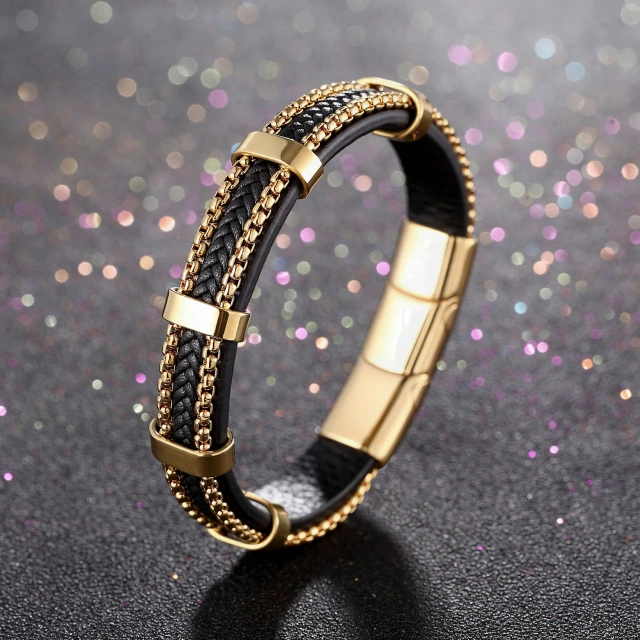 High Quality Fashion Jewelry Custom 21cm Black Stainless Steel Bracelet for Men Leather Bracelet