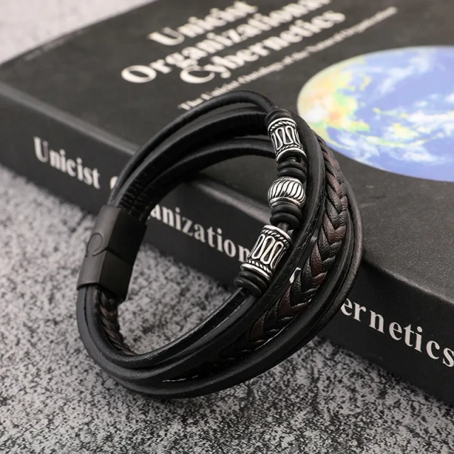 High Quality Punk Braided Wrap Leather Bracelet Handmade Beads Bracelet Men Luxury Silver Metal Tube Multilayer Leather Bracelet
