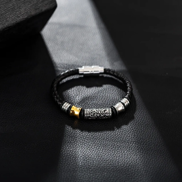 2023 New Punk Black Brown Braid Leather Bracelets Men Cool Stainless Steel Bracelets