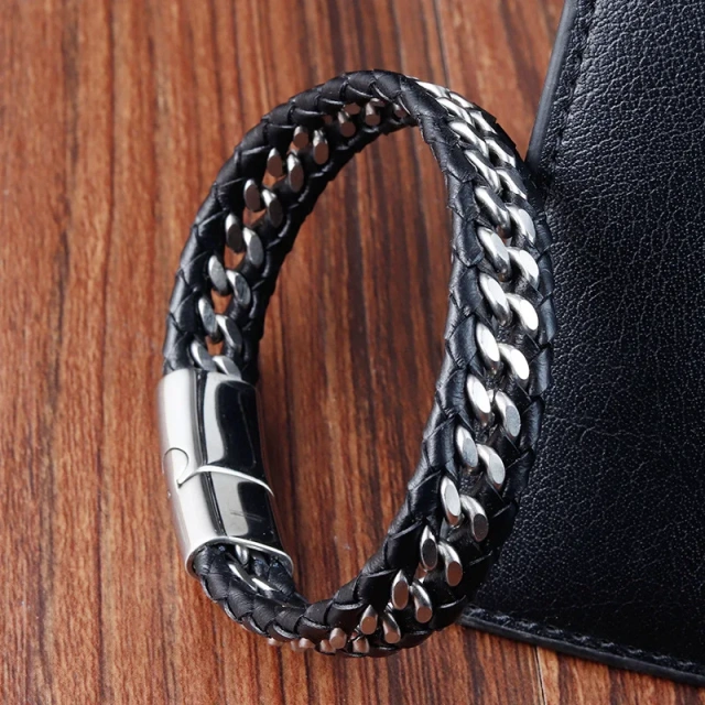 Wholesale Fashion Men Stainless Steel Clasp Black Leather Bracelets for Leather Men Bracelet