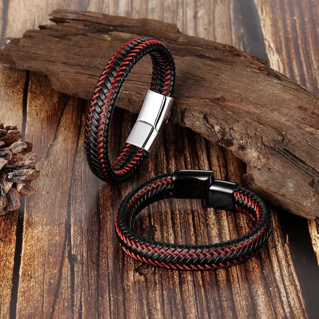 Stock Mens Leather Bracelet With Magnetic Clasp Multi-layer Braided Leather Mens Bracelet for Men