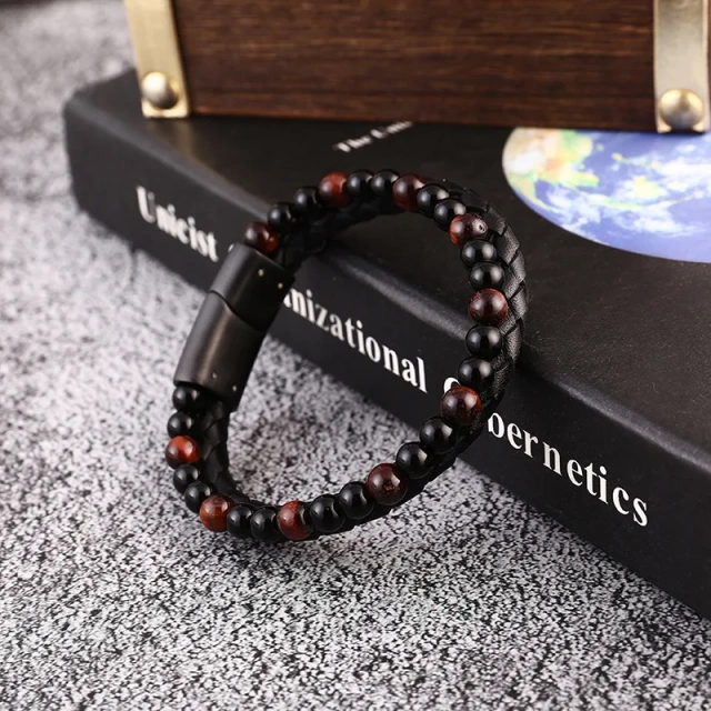 Popular Design Unisex Black Mens Leather Bracelet Bead Braided Bracelet Stainless Steel Jewelry Bracelets