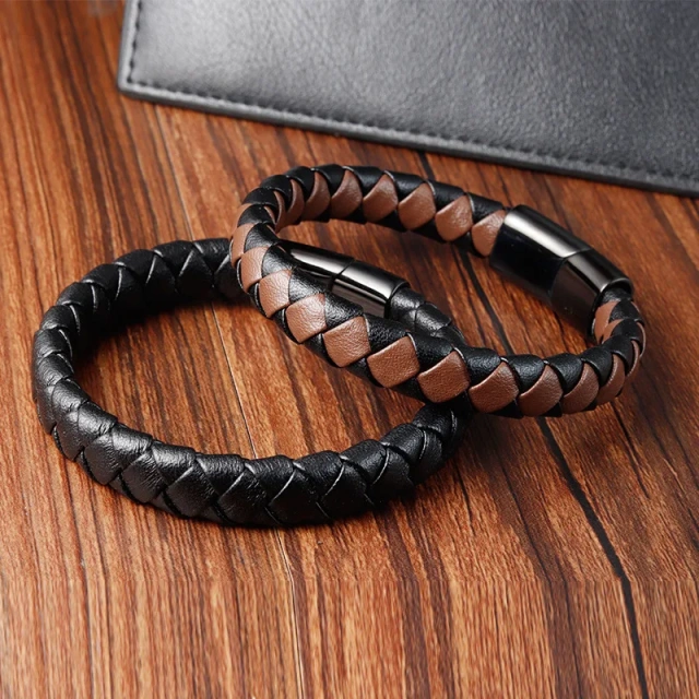 High Selling Simple Braided Bracelet Men's Cowhide Leather Bracelet Stainless Steel Leather Rope Leather Bracelet Men