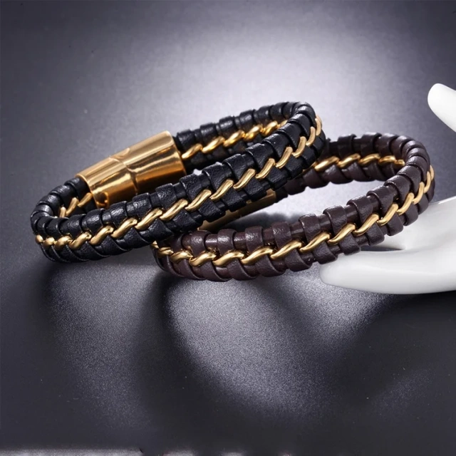 Men's Jewelry Leather and Stainless Steel Braided Bracelet
