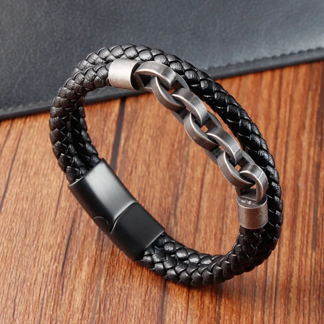 Titanium Steel Men Leather Bracelet 316L Stainless Steel Braided Black Mens Leather Bracelet Engrave logo Accepted