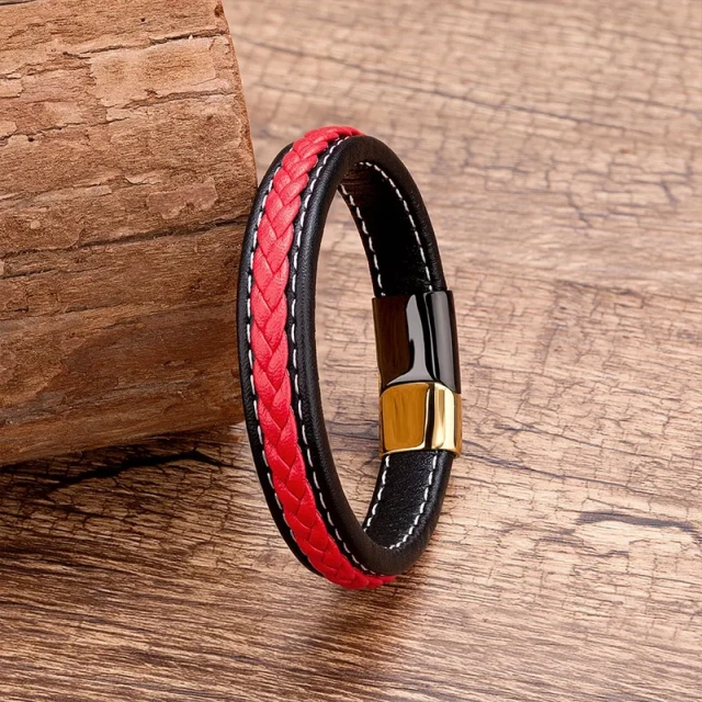 Customized Jewelry Red Black Leather Bracelet Man Bracelet Boy Mens Braided Bracelets