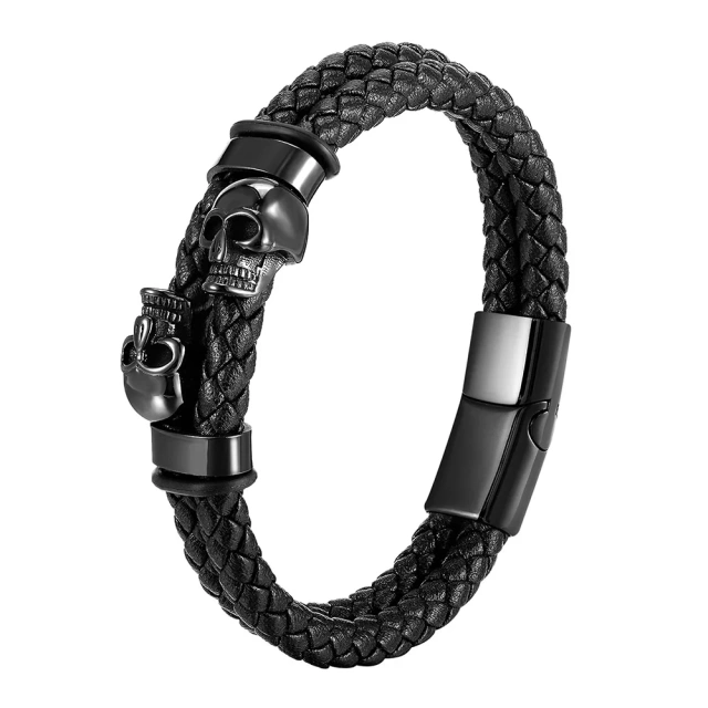 High Quality Custom Stainless Steel Clasp Black Braided Cord Handmade Rope Leather Bracelet for Men