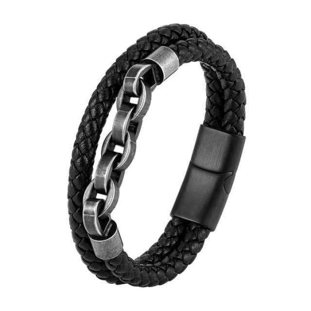 Titanium Steel Men Leather Bracelet 316L Stainless Steel Braided Black Mens Leather Bracelet Engrave logo Accepted