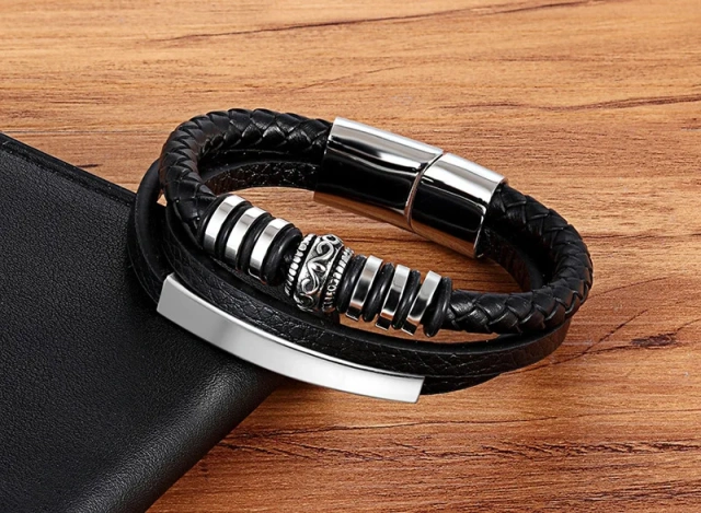 Wholesale Genuine Leather Men Bracelet High Quality 316l Stainless Steel Multi Layer Bracelet Jewelry