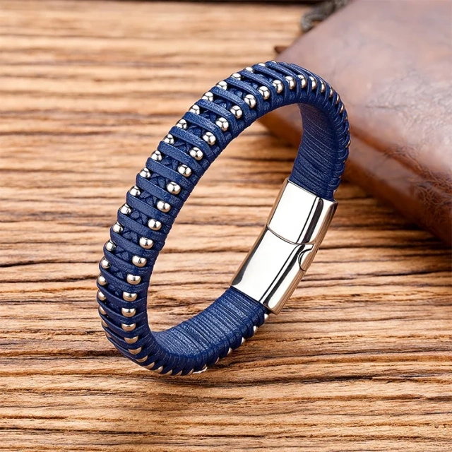 Wholesale Handmade Fashion Stainless Steel Leather Bracelet Men