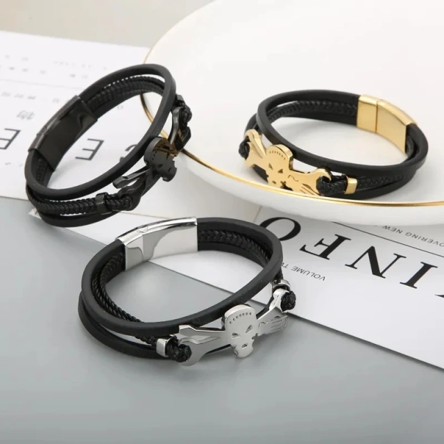 Magnetic Clasp Cowhide Leather Bangle Bracelet Stainless Steel Braided Leather Bracelet Multilayer for Men