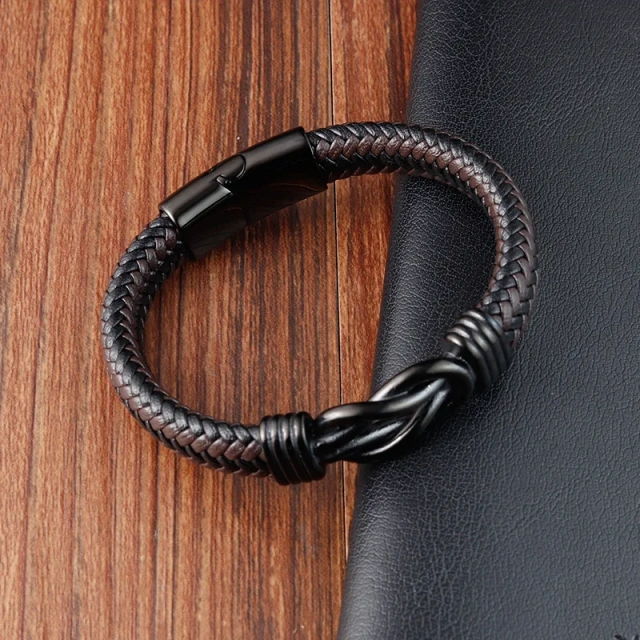 Spot Sale Punk Stainless Steel Knot Bracelet Men's Woven Brown and Black Leather Bracelet