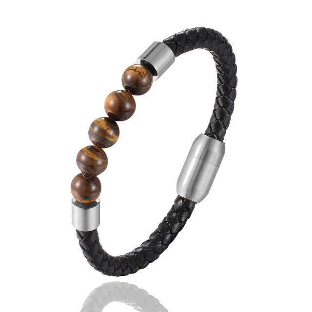 Fashion Stainless Steel Men Leather Bracelet Natural Stone Beads and Leather Bracelet Men Jewelry